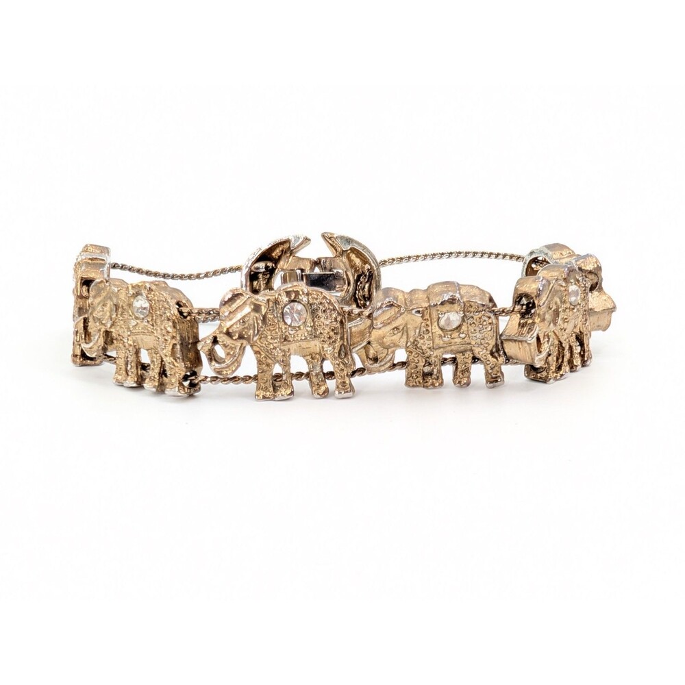 Elephant Vtg Gold Tone Rhinestone Slider Bracelet Boho Safari Moon Clasp 7.5 In.